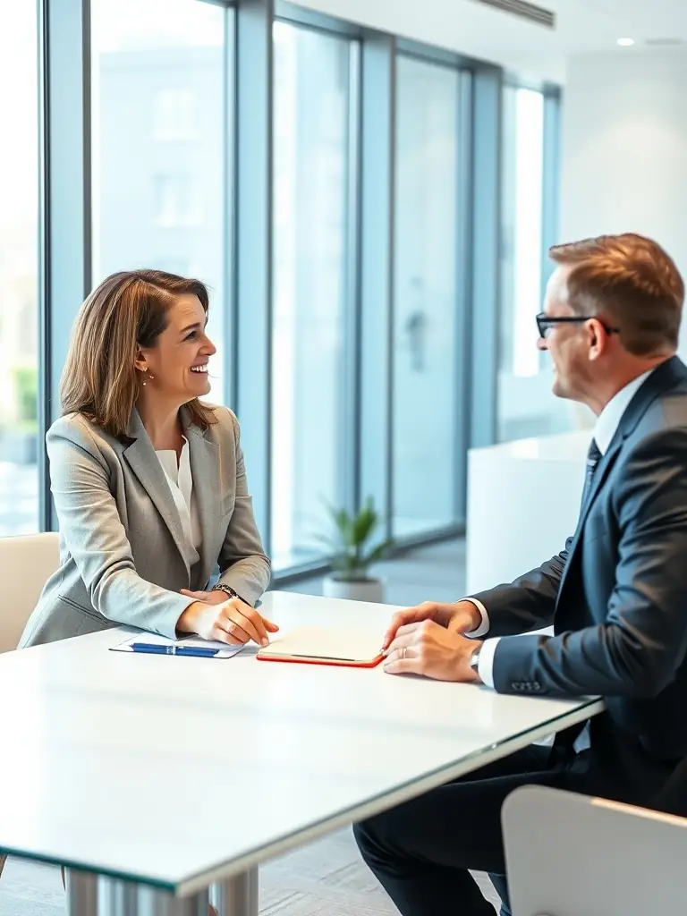 A focused executive coach in a one-on-one session, guiding a client through strategic decision-making and career advancement planning.