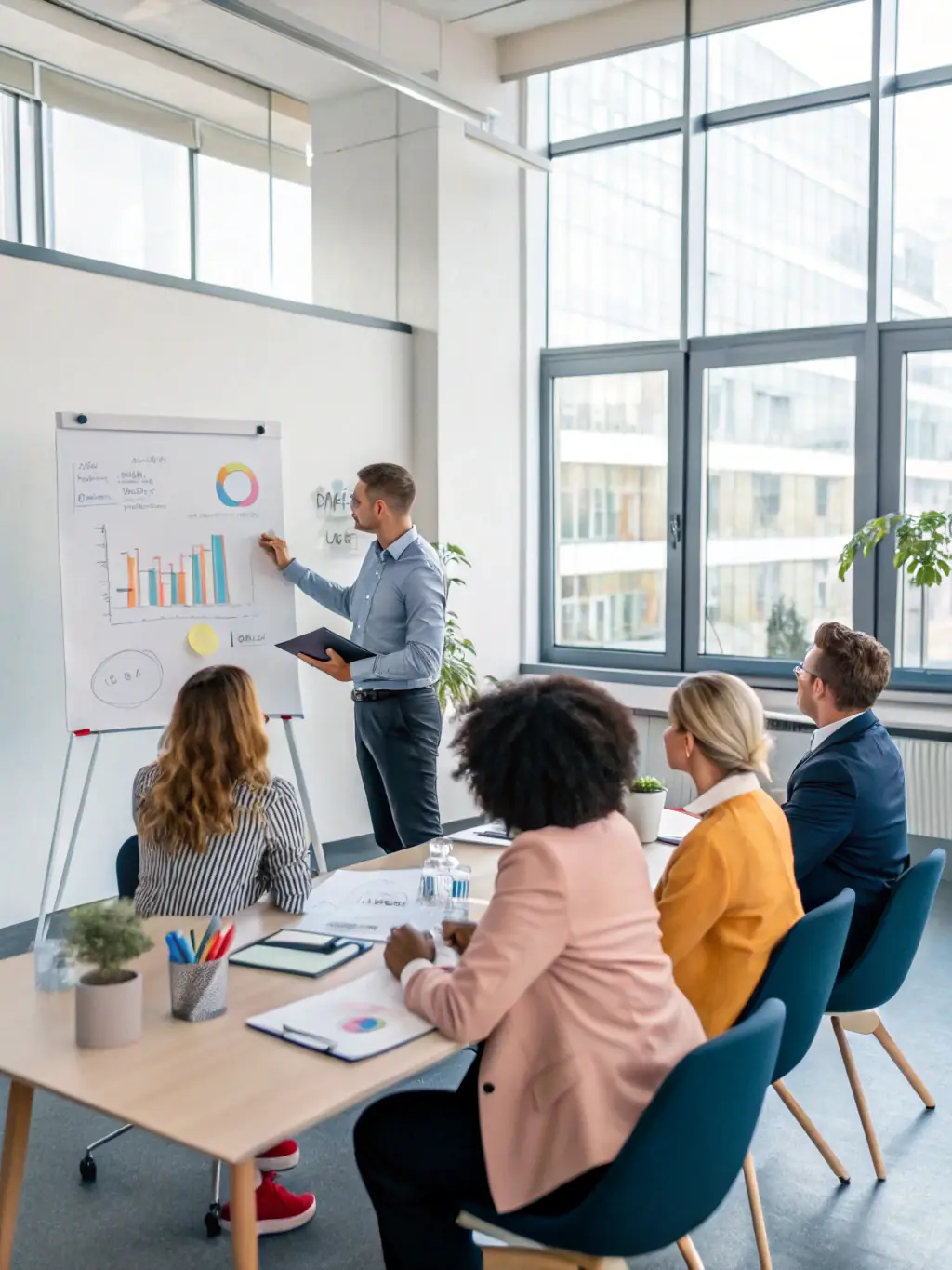 A dynamic business coach facilitating a group session, focusing on business growth strategies and innovative solutions for scaling businesses.