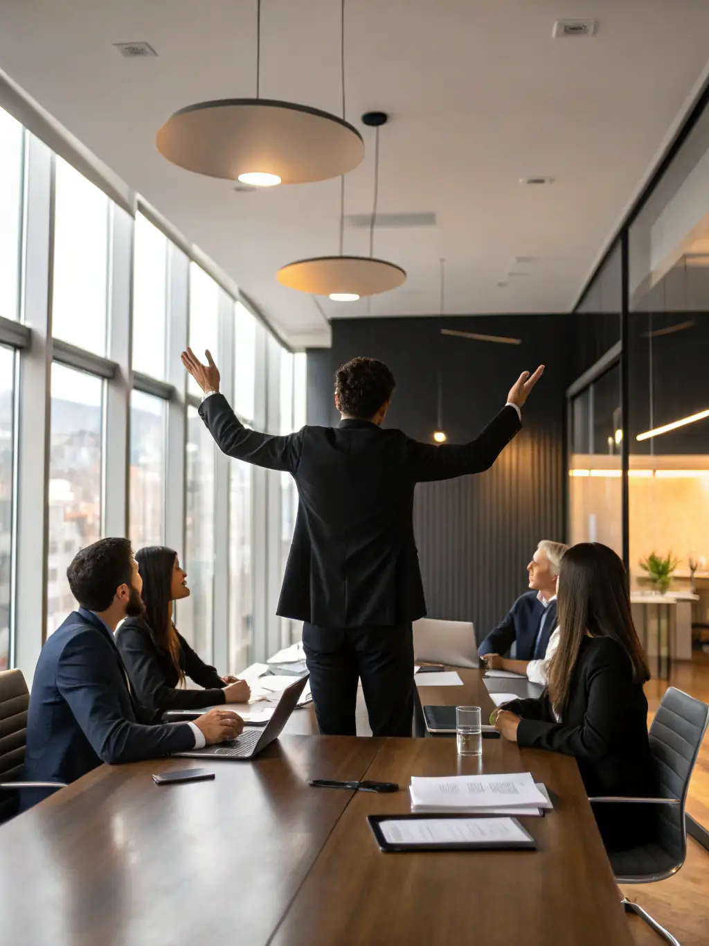 A professional business coach in a suit, confidently leading a workshop with diverse participants, emphasizing leadership skills and team collaboration.